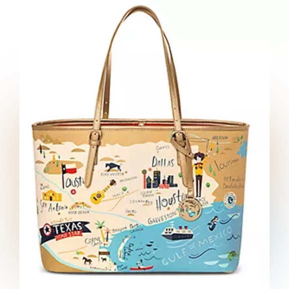 Spartina 449 Handbags - Gold Travel-Themed Tote Bag with Whimsical Map Design